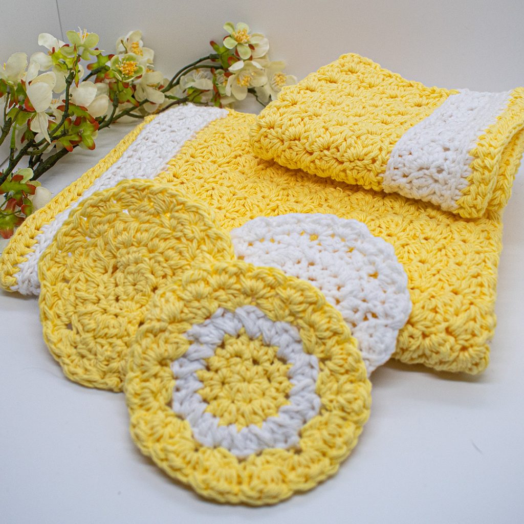 The Susan Set includes a crochet washcloth, scrubbies and a hand towel pattern