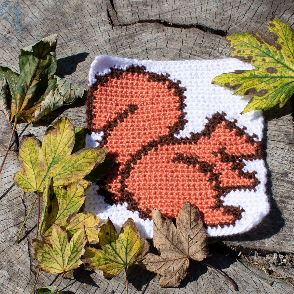 8 inch squirrel square made using tapestry crochet