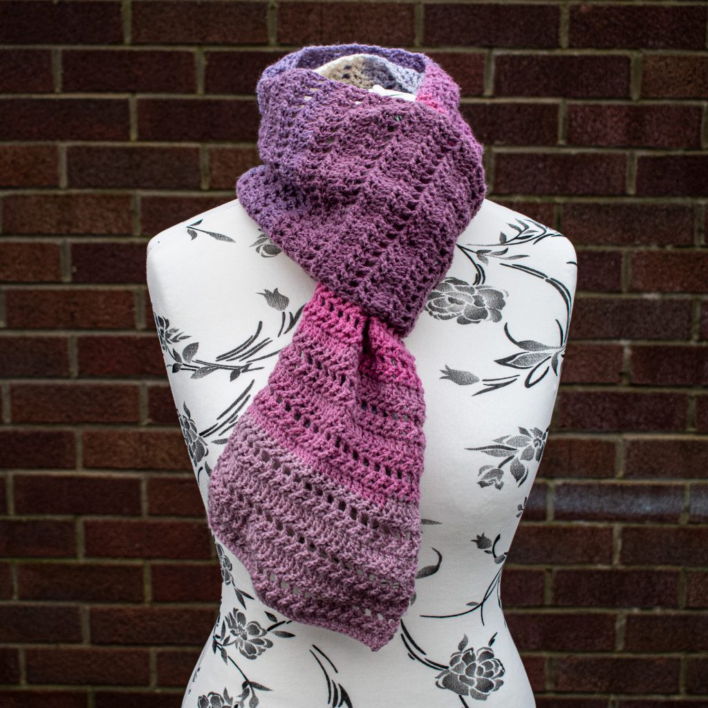 I recommend using #3 weight yarn for this free crochet scarf pattern, but you can use 4 weight yarn for the colder months!
